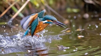 The European Kingfisher (Alcedo atthis) is hunting fish in the river to eat.