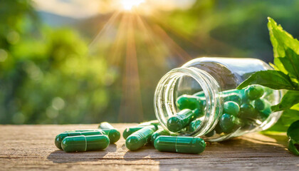 Green capsules spilling out from clear glass bottle on wooden table. Medical care and treatment. - obrazy, fototapety, plakaty