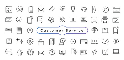 Fototapeta na wymiar Customer Service, Support and Contact Vector Flat Line Icons Set. Phone Assistant, Online Help