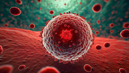 Detailed illustration of cell immersed in blood. Microscopic phagocytes. Medical research.