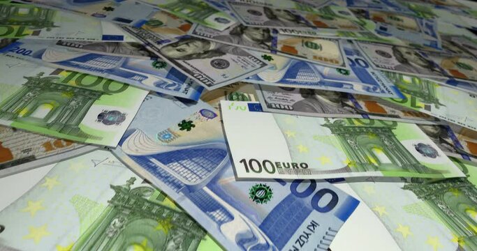 Azerbaijan manat 200 ILS banknote surface. Flying over USD EUR and Azerbaijani money note. 3D concept of exchange rate, inflation, economy, finance, import, export and banking seamless looped.