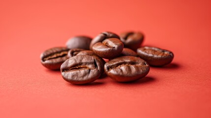 Dark roasted coffee beans on red background, shiny oily, randomly arranged. Vibrant red backdrop enhances rich texture and color of the beans, creating a captivating composition.