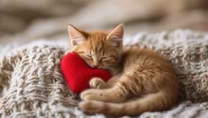 Cute red fluffy cat lies on a furry blanket, sleeping, with a red heart