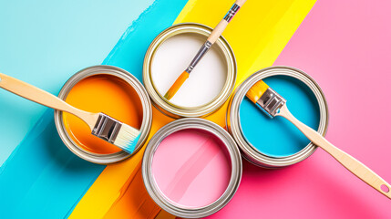 Brushes with wooden handles on opened cans on colorful background. Yellow, pink, orange, turquoise colors. Top view, flat lay. Interior design, wall paint. House renovation concept. - Powered by Adobe