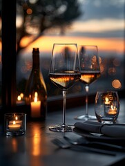 Obraz premium A luxurious dinner table in a pleasant atmosphere. The beautiful scenery makes for a wonderful night. Images like this are often used to post on social media, write blogs or set as wallpaper.