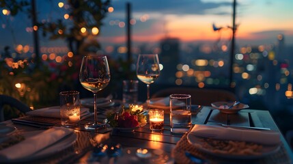 A luxurious dinner table in a pleasant atmosphere. The beautiful scenery makes for a wonderful night. Images like this are often used to post on social media, write blogs or set as wallpaper. - obrazy, fototapety, plakaty