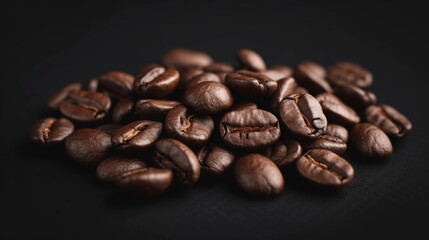 Freshly roasted coffee beans on white background. Close-up with shallow depth of field and dark background. Arranged in a rustic coffee shop. For coffee industry and equipment.