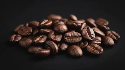 Zelfklevend Fotobehang Freshly roasted coffee beans on white background. Close-up with shallow depth of field and dark background. Arranged in a rustic coffee shop. For coffee industry and equipment. © Helen-HD