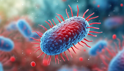 Blue and red bacteria against blurred background. Medical research. Scientific banner.