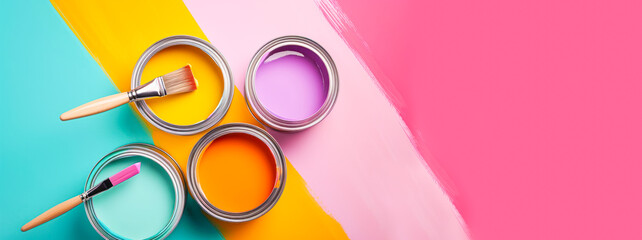 Banner with four open cans of paint with brushes on them on bright colorful background. Yellow, orange, pink, blue colors of paint. Top view, copy space. House renovation web line sale, special offer - obrazy, fototapety, plakaty