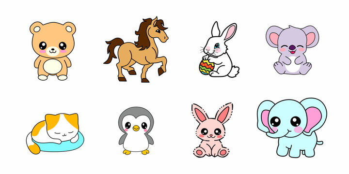 Set of Cute animals cartoon character isolated. Bear, horse, koala, bunny, kitten, penguin, elephant vector Illustration