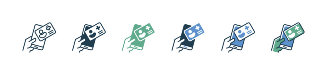 online mobile health card insurance icon set hand holding phone digital hospital medical check-up assistant vector illustration