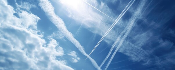 Sky with airplane contrails crossing - obrazy, fototapety, plakaty
