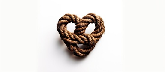 Heart shape made of rope tied with a red knot on white background