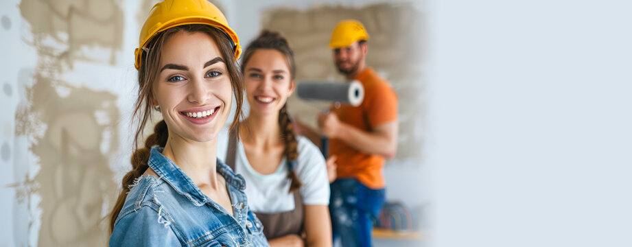 Professional staff making renovation in the apartment, banner. Copy space. Smiling women and man painting walls. carpenter and decorator team. Decoration Materials sale, special offer. Copy space