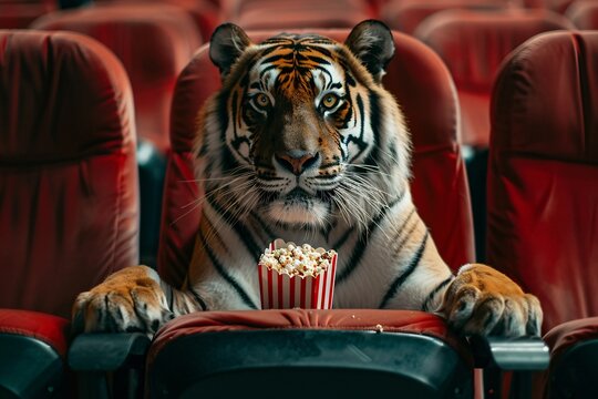 a tiger sitting in a movie theater with popcorn