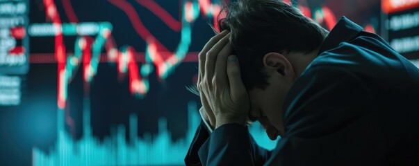 Businessman in despair amidst falling stocks