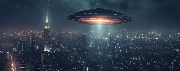 Zelfklevend Fotobehang UFOs hovering above a modern city skyline © Juraj