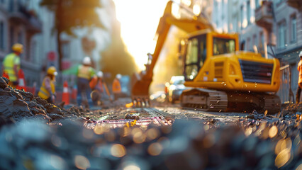 Vibrant Road Construction Scene: Workers and Machinery in Action - obrazy, fototapety, plakaty