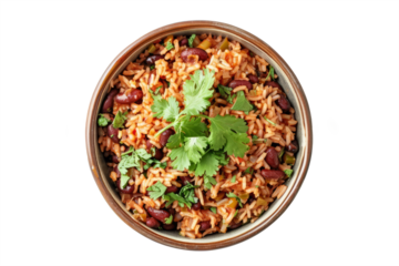 Top view of a colorful bowl of Mexican rice and beans garnished with cilantro presented on a white surface,