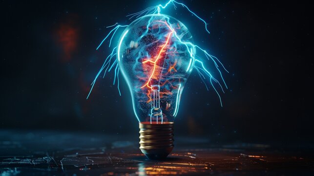 A unique light bulb with a lightning inside. 