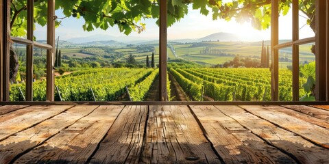 Empty wooden table, vineyard view out of open window. Template for product presentation 