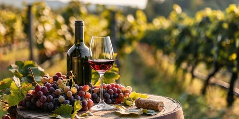 Wine bottle, wine glass and grapes on the background of the picturesque vineyard