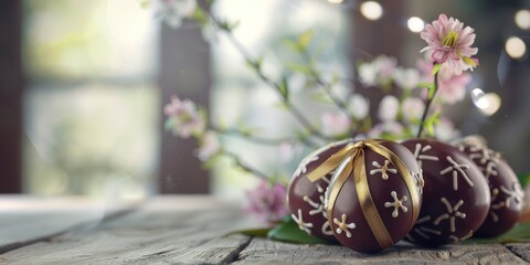 5w realistic chocolate EASTER eggs with details and golden ribbon, on a rustic table and blurred background wide angle ON WHITE BACKGROUND WITHOUT SHADING,