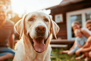 Home sweet home, dog and family spending quality time in the yard, laughter.