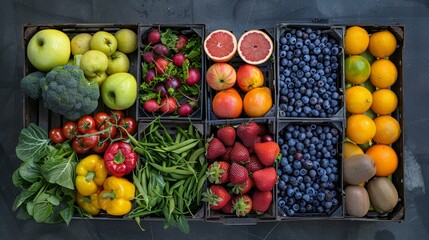 A variety of fruits and vegetables arranged in a square