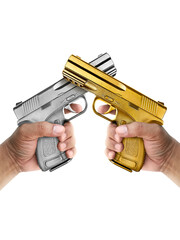A man with gun silver metal and A man gun gold metal, transparent background