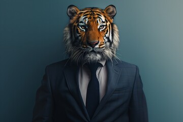 
animal tiger jungle concept Anthromophic friendly wearing suite formal business suit pretending to work in coporate workplace studio shot on plain color wall 