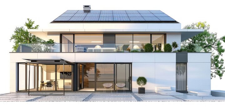 image of solar panel on top of a modern house with white background without shading
