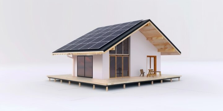photovoltaic system image with solar panels on the roof of a house and on a white background without shading, + photo taken by realistic EOS 5D mark IV 