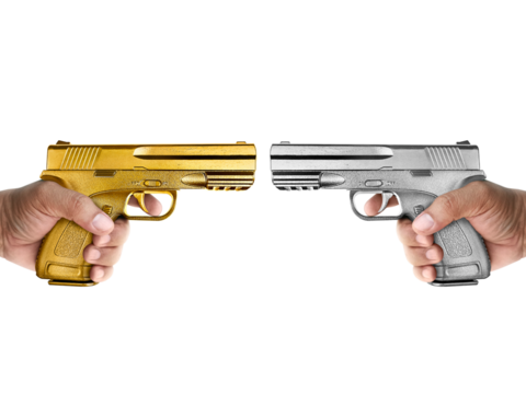 A man with gun silver metal and A man gun gold metal, transparent background