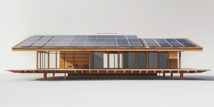 photovoltaic system image with solar panels on the roof of a house and on a white background without shading, + photo taken by realistic EOS 5D mark IV 