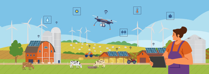 Smart farm horizontal vector banner.Woman farmer managing farm with application. Rural scenery with solar panels, windmills, drones, cows, tractor.