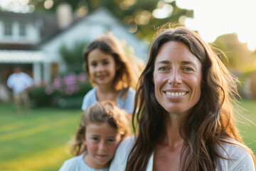 Obraz premium House for sale, happy family on the lawn, real estate enjoyment, parent-child bonding.