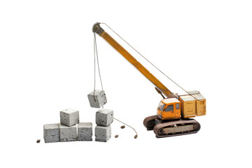 a miniature crane lifting and removing small architectural elements such as columns or beams. - obrazy, fototapety, plakaty