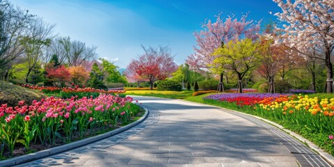 showing a charming park, the s-shaped path leads directly to the center of the park, with a strong regional atmosphere. both sides of the road are covered with dense maple trees, and the flowers - obrazy, fototapety, plakaty