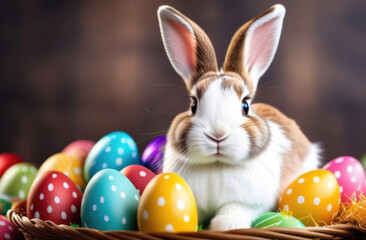 Easter bunny and colorful eggs on wooden background, close-up view