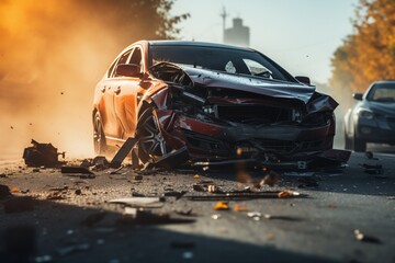 Car accident, crashes injuries, and fatalities on the common road, car safety, and driver errors. with copy space - obrazy, fototapety, plakaty