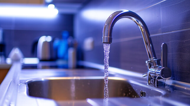 Faucet with running water, kitchen background, high tech style. Save the water concept. Blurred kitchen background.