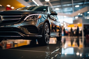 Close up of a car at a bustling car dealership showroom offering vehicles for sale or rent