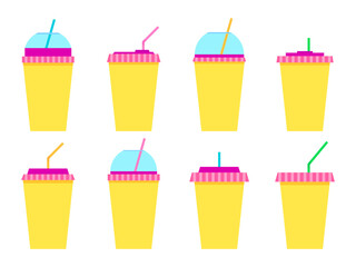 Plastic or paper cups with a straw set of icons isolated on a white background. Plastic cups for carbonated drinks. Plastic smoothie glass with straw. Carbonated soft drinks. Vector illustration