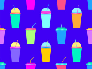 Seamless pattern with plastic or paper cups with a straw. Plastic and paper cups for carbonated drinks. Plastic smoothie glass with straw. Carbonated soft drinks. Vector illustration