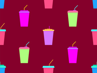 Seamless pattern with plastic or paper cups with a straw. Plastic and paper cups for carbonated drinks. Plastic smoothie glass with straw. Carbonated soft drinks. Vector illustration