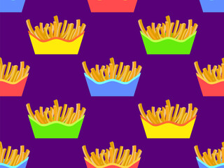 Seamless pattern with French fries. Fast food, deep fried potatoes. Packaged fries, a delicious snack. Design for banners, posters and promotional products. Vector illustration