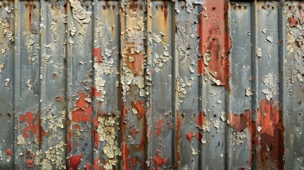 A weathered metal wall with peeling paint