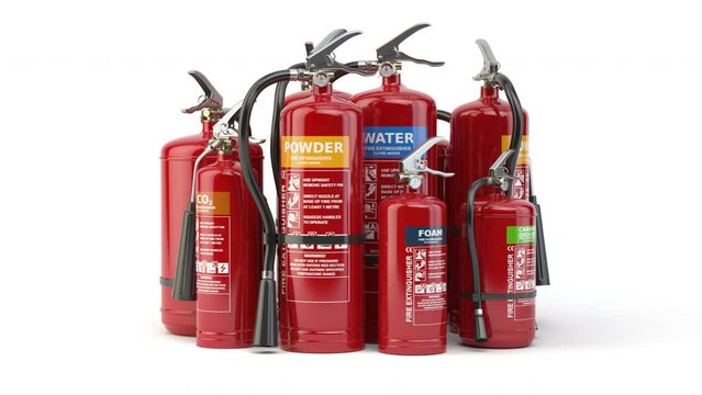 Fire extinguishers isolated on white background. Various types of extinguishers. 3d animation